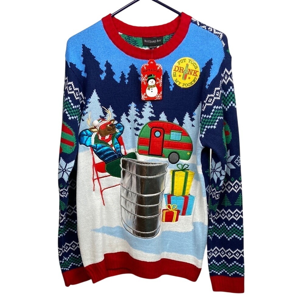 Blizzard Bay Mens Reindeer Camper Ugly Christmas Sweater Drink Pocket Blue M NWT